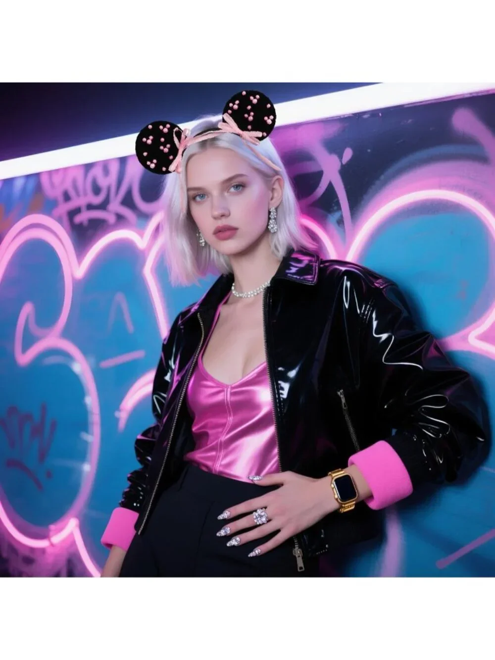 Women lack-Pink Polyester Sparkle Sequin Mickey Mouse Hair Bow Handmade Headband